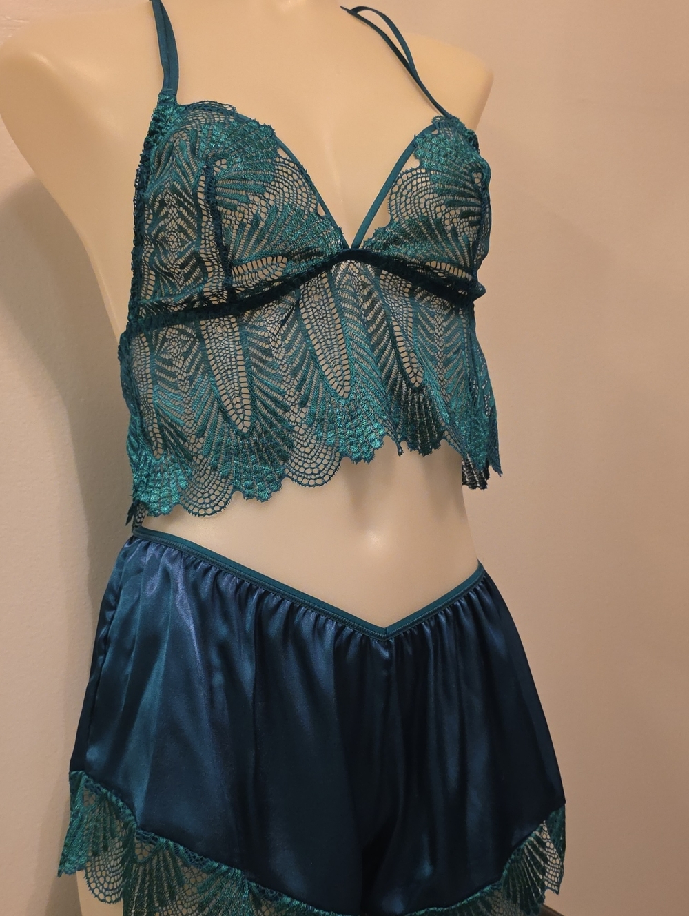 La SENZA Teal Lace Bralette & Satin Shorts Sleep Set XS
